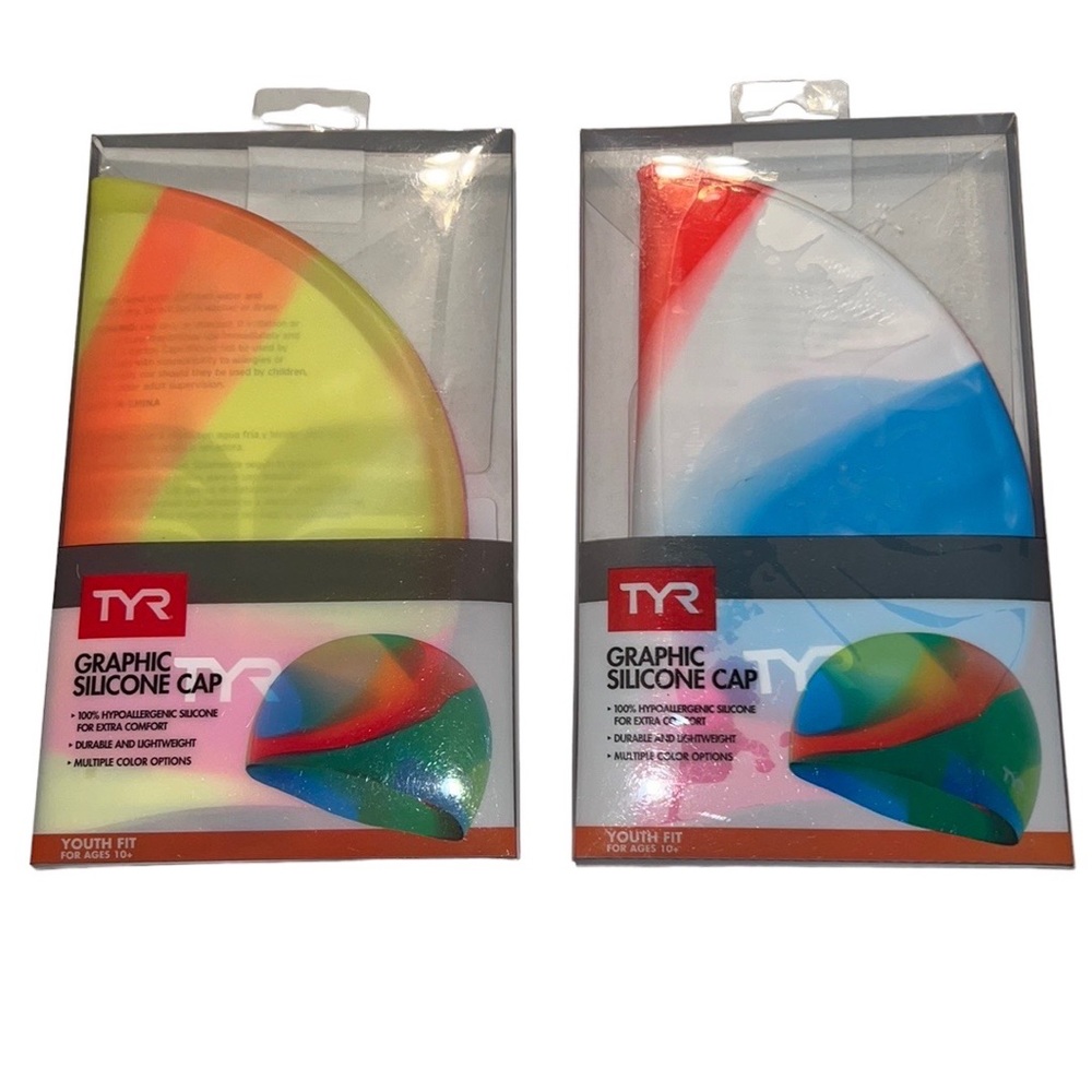 Two TYR Graphic Silicone Youth Swim Cap